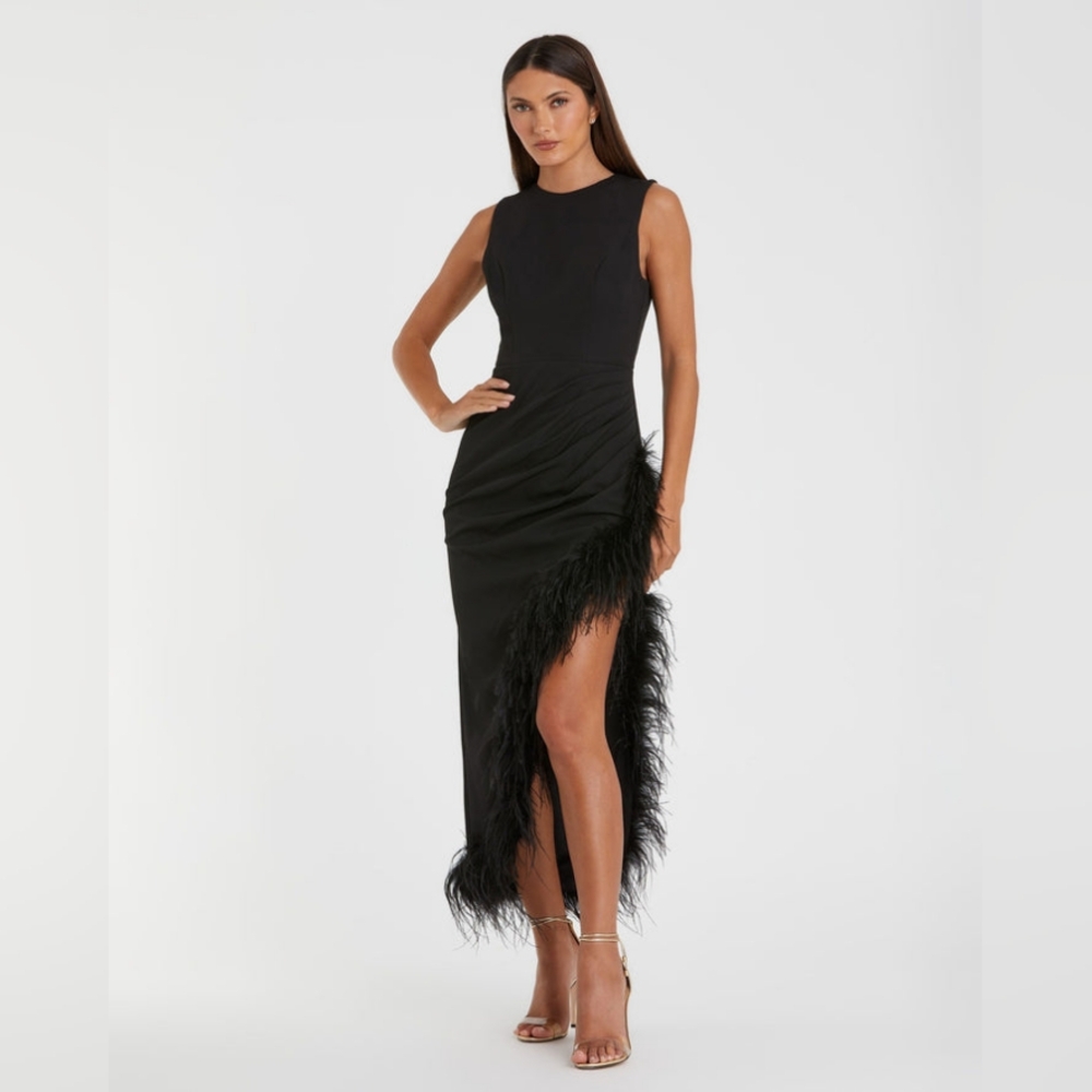 Ieena for Mac DuggalSleeveless Faux Wrap Dress with Feather Detail